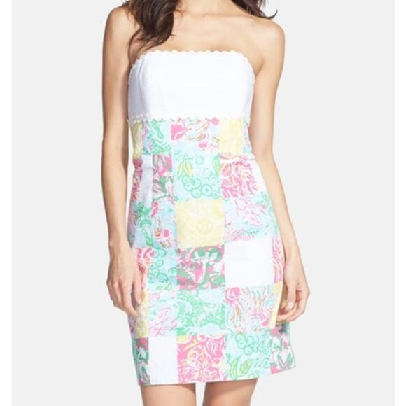 Lilly Pulitzer Franco Strapless Patchwork Mini Dress Multi State Mind Cotton 4 - Picture 1 of 9
